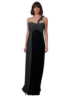 Nightway Black Velvet One Shoulder Dress Size 10 Beaded Formal Evening Gown